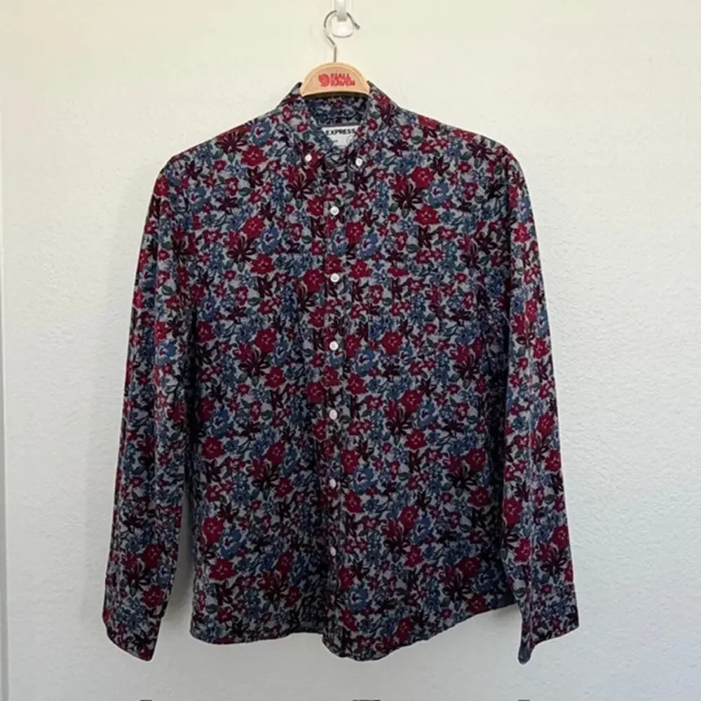 Express Slim Soft Wash Button-Down Shirt Men's Large Floral 100% Cotton